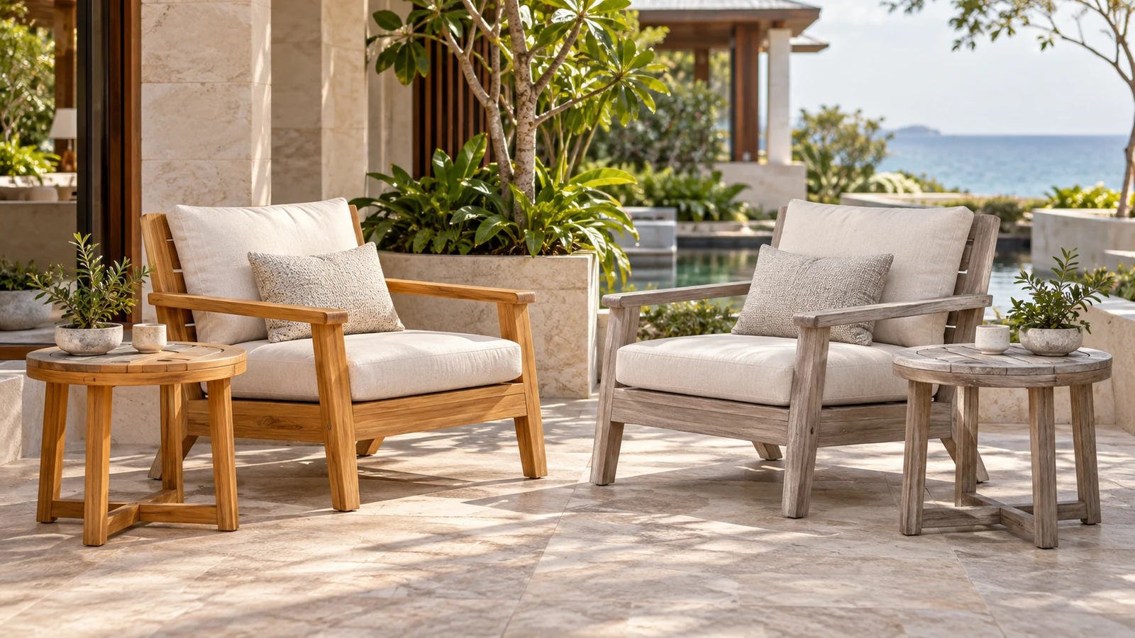 Golden-brown teak compared with naturally weathered silver-grey teak