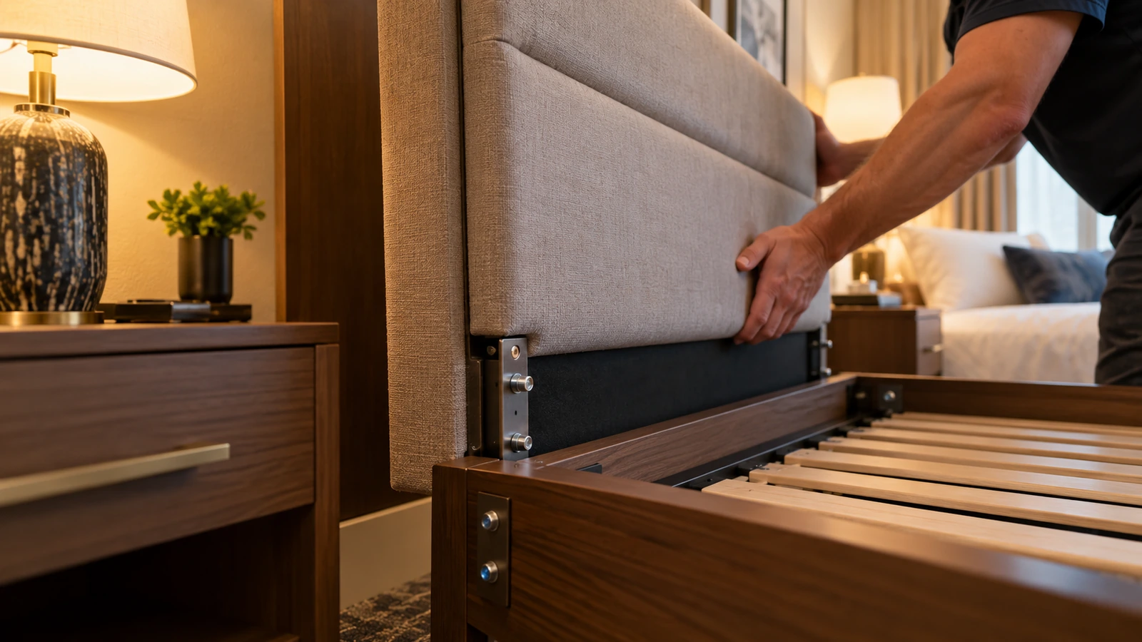 Platform bed headboard frame mounting detail