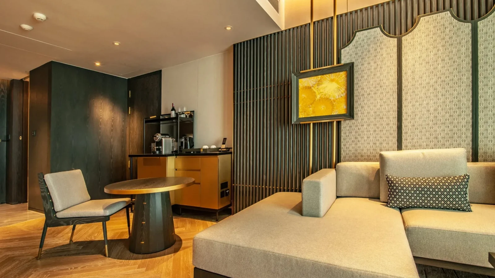 Hotel lounge with refreshment cabinet