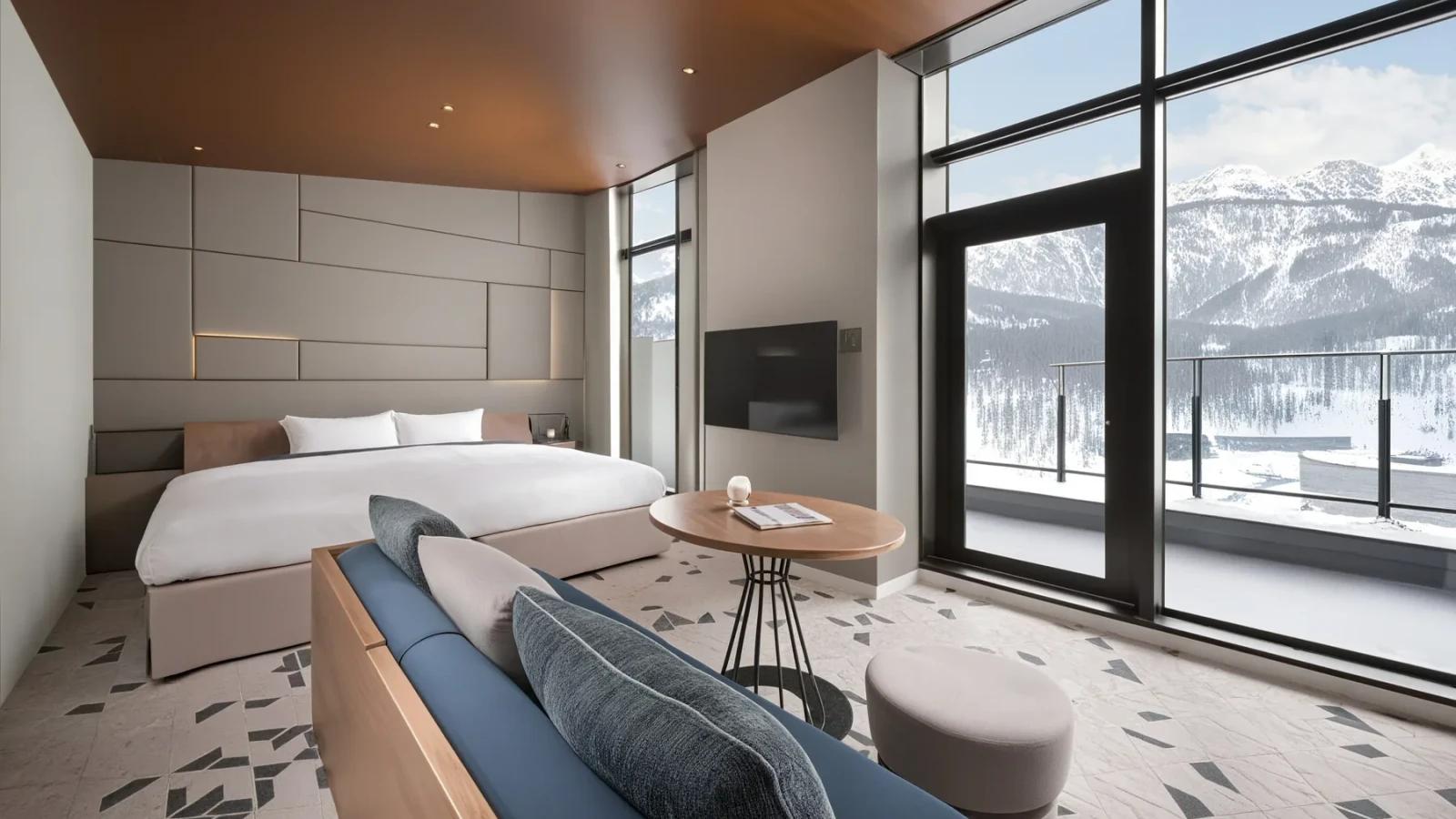 Studio bedroom with desk and view