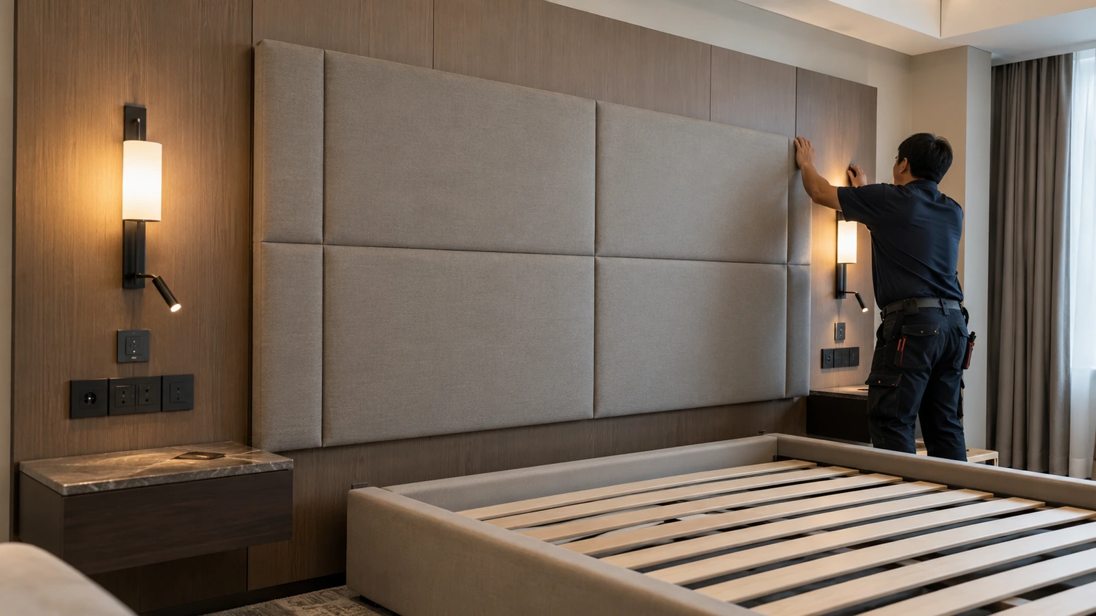 Wall mounted headboard installation in hotel